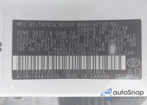 2018 Toyota Corolla Le z USA, uszkodzony, nr VIN 2T1BURHE8JC081435